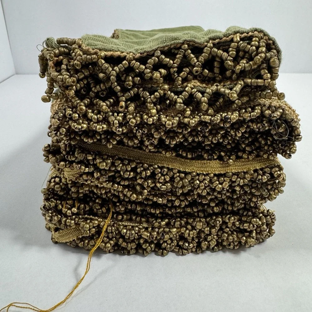 Boho Chic Olive Green Linen Dinner Napkins Antique Gold Glass Seed Bead Trim X5
